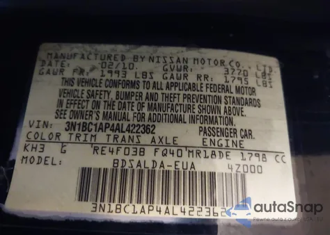 2010 Nissan Versa 1.8S z USA, uszkodzony, nr VIN 3N1BC1AP4AL422362